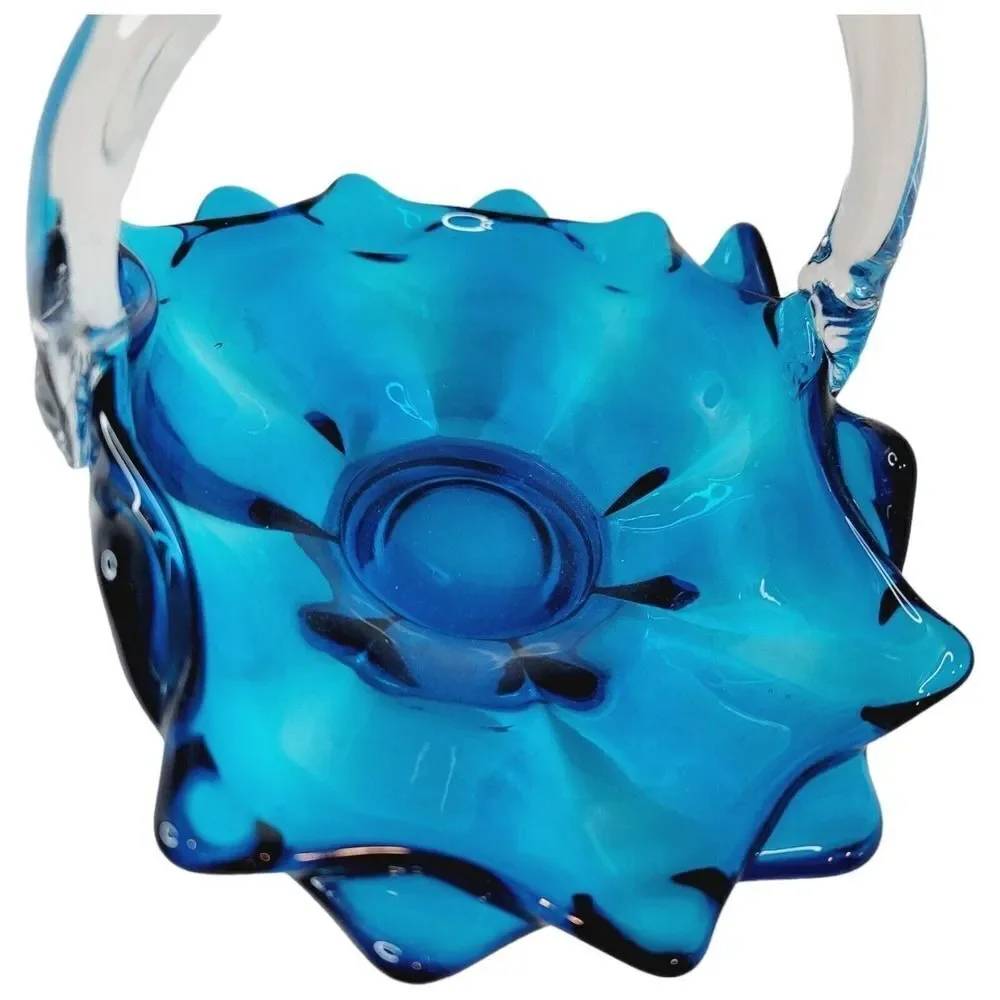 Vtg Viking Art Glass 1960s Blue With Clear Handle Epic Basket Candy Dish #1510‎